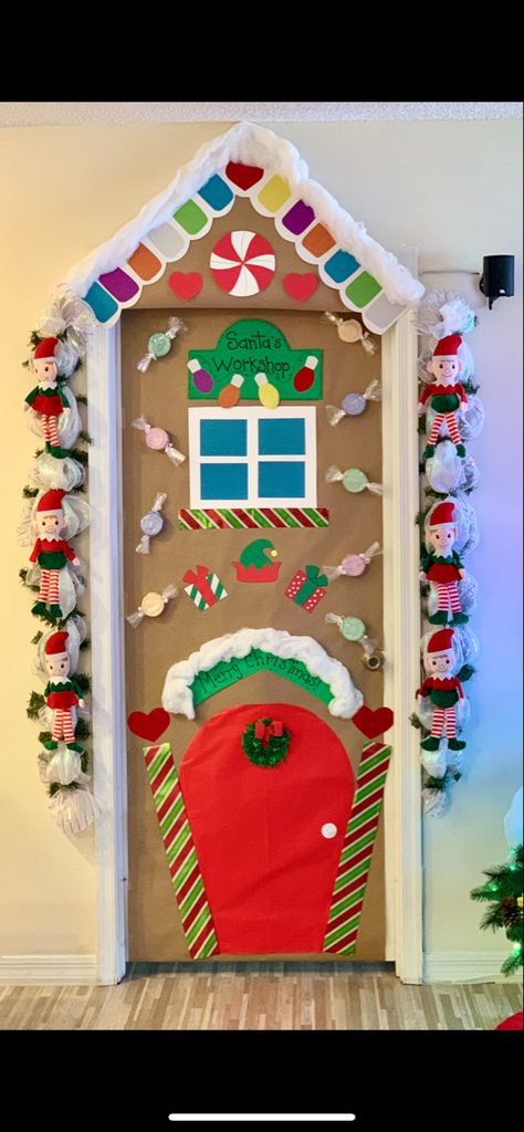 Santas Workshop Classroom Door Ideas, Elf Workshop Door Decorations, Elf Themed Door Decorations, Santa's Workshop Door Decorations, Santa’s Workshop Classroom Door, Santa Workshop Door Decorations, North Pole Door Decorations For School, Santas Workshop Door Decoration, Elf On The Shelf Door Decoration