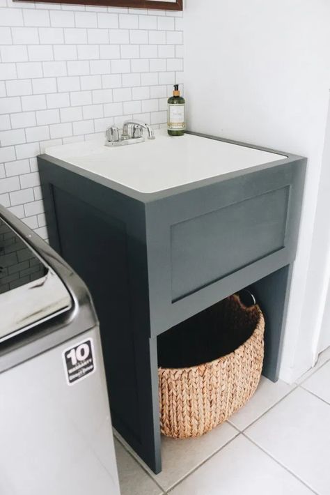 Faux Cabinet, Laundry Room Utility Sink, Room Storage Diy, Basement Laundry Room, Dream Laundry Room, Basement Laundry, Laundry Room Sink, Mudroom Laundry Room, Laundry Room Renovation