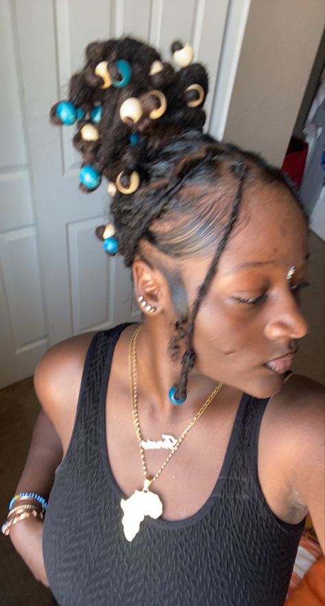 Loc Styles Beads, Messy Loc Bun Styles, 2 Buns With Locs, Locks With Beads, Locs Hairstyles With Beads, Messy Loc Styles, Beaded Locs Styles, Loc Style With Beads, Bun With Locs