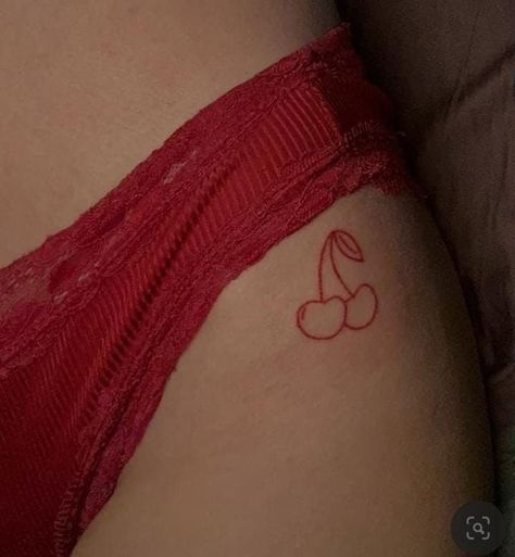 Simple Red Tattoos For Women, Cherry Hip Tattoo, Cherry Tattoo Design, Red Black Tattoo, Pelvic Tattoos, Side Hip Tattoos, Cherry Tattoos, Hip Tattoos Women, Smaller Hips