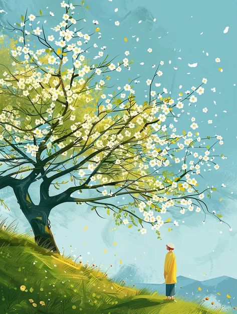 The picture shows a spring scenery. The peach tree is full of white flowers ->> more details in ai-img-gen.com Peach Tree Illustration, Peach Tree Wallpaper, Peach Tree Flowers, Spring Tree Illustration, Peach Tree Photography, Tree Man, Spring Scenery, Peach Tree, Yellow Raincoat