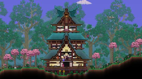 Rebuilt my lil house from my modded world into 1.4, ngl i love these sakura trees - Terraria Terraria Calamity, Small Japanese House, Terraria Base, Terraria Design, Terraria Houses, Japanese Roof, Terrarium Base, Terraria House Ideas, Terraria House Design