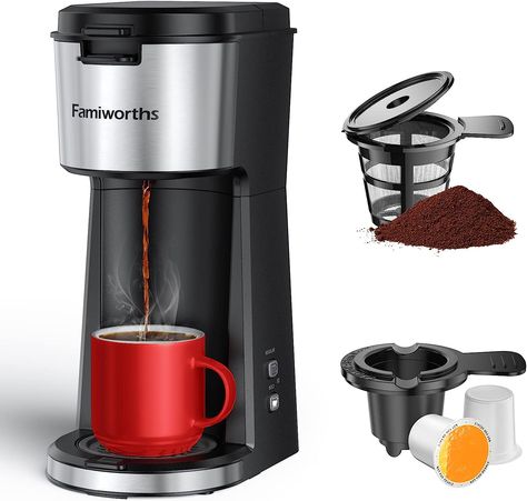 Your Perfect Coffee Maker for Ground and Pod Coffee This coffee maker is compatible with K-Cups and includes a reusable ground basket so that you can brew your preferred brand of coffee powder or tea. Brew any size cup between 6 and 14 ounces for a smooth cup of coffee to kick-start your day. Its large powder basket can hold more coffee powder (max. 0.88oz), allowing you to get the tastiest cup of coffee or tea. One Cup Coffee Maker, Small Coffee Maker, Single Serve Coffee Maker, Single Cup Coffee Maker, Capsule Coffee Machine, Single Serve Coffee Makers, Brewing Process, Single Serve Coffee, Espresso Makers