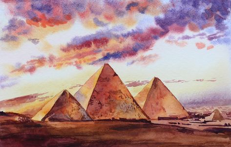 Pyramids Egypt Art, Egypt Painting, Paper Pyramid, Nile Egypt, Places Painting, Pyramids Egypt, Watercolor Paper Texture, Great Pyramid Of Giza, Modern Illustration