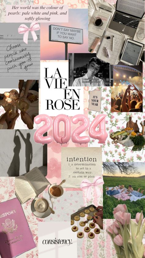 This is a vision board made with Pinterest collage for goals in 2024! The collage includes being intentional, being consistent, cooking, baking, traveling, love, friendship, and more! Goals Collage Wallpaper, Success Collage Wallpaper, Vision Board Collage Wallpaper Desktop 2024, 2024 Vision Board Aesthetic Collage Laptop, Magazine Collage Vision Board, Pinterest Collage, Being Intentional, Being Consistent, 2024 Vision Board