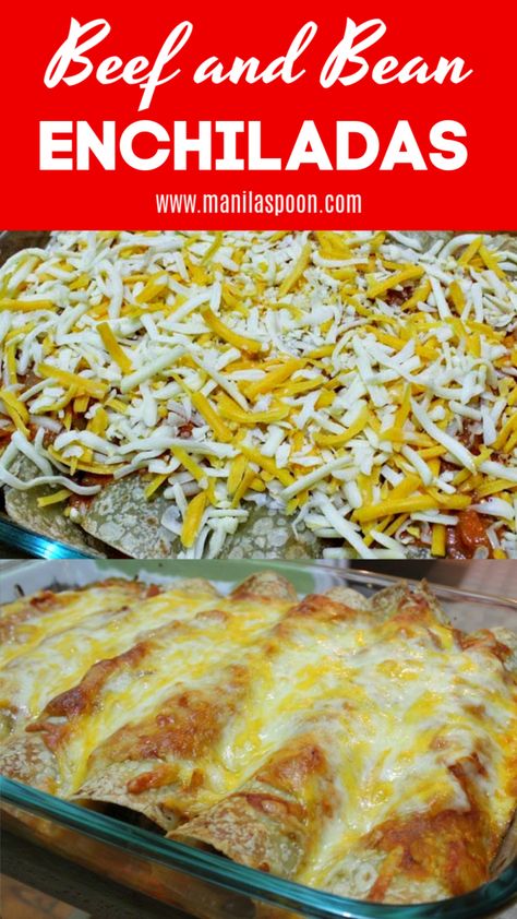 Ground Beef And Bean Enchiladas, Beef Bean Enchiladas, Enchiladas Beef And Bean, Hamburger Enchiladas, Beef And Bean Enchiladas, Frozen Enchiladas, Leftover Taco Meat, Beef Entrees, Refried Beans Recipe