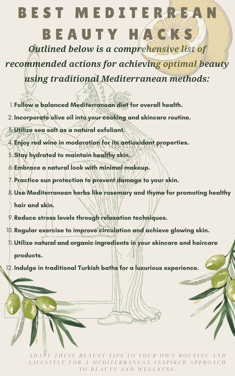 Some useful notes how to become a Greek Goddess #health #fitness #greece #healthy #beauty #fashion #diy Greek Beauty Secrets, Mediterranean Beauty Secrets, How To Become A Goddess, Greek Skincare, Goddess Tips, Spiritual Journaling, Goddess Beauty, Clear Skin Diet, Girly Tips