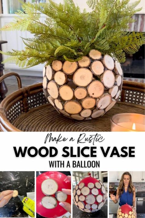 Looking for a creative way to use craft wood slices? Try this cute DIY vase idea with step by step instructions for the perfect organic home decor accessory! Wood Vase Centerpiece, Wood Slice Art Decor, Wood Slice Centerpiece, Organic Home Decor, Diy Projects To Make And Sell, Table Centerpieces Diy, Wood Cookies, Scrap Wood Crafts, Wood Centerpieces