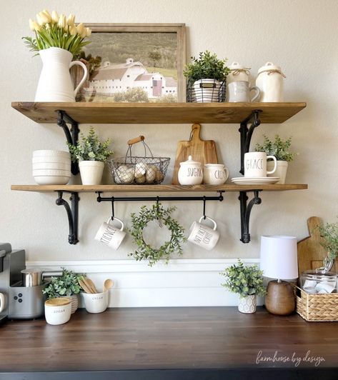 DIY Rustic Farmhouse Shelf Tutorial - Farmhouse by Design Farmhouse Decor Trends, Farmhouse Shelves Decor, Summer Farmhouse Decor, Home Decor Ideas Bedroom, Kitchen Floating Shelves, Dining Room Shelves, Kitchen Shelf Decor, Floating Shelf Decor, Kitchen Wall Shelves