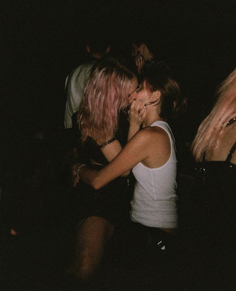 Aesthetic Couples Biting, Party Lesbian Couple Aesthetic, Short Masc Tall Femme Couple Wlw Aesthetic, Lets Make Out Aesthetic, Couple At A Party, Dark Sapphic Aesthetic, Cute Wlw Aesthetic, Grunge Love, Girlfriend Goals