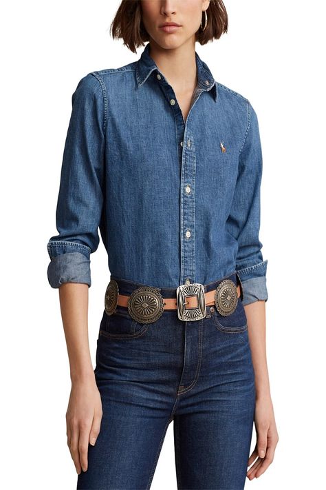 Treated For A Soft Hand Feel, This Medium-Wash Denim Shirt Is Crafted With Cotton Twill And Features Hand-Sanding To Achieve Lived-In Comfort From Day One. It's Meticulously Embroidered With Our Multicolored Pony For An Iconic Finish. - Straight Fit. Intended To Hit At The Hip. - Us Size 8 Has A 26.25" Front Body Length, A 27.5" Back Body Length, And A 33" Sleeve Length. Back Body Length And Sleeve Length Are Taken From The Center Back Of The Neck. Sleeve Length Changes 0.25" Between Sizes. - Po Ralph Lauren Denim Shirt, Womens Denim Shirt, Long Sleeve Denim Shirt, Polo Ralph Lauren Women, Americana Fashion, Ralph Lauren Denim, Denim Button Down, Tall Model, Soft Hand