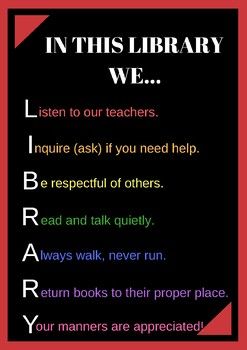 Library Poster Library Chart Ideas, Library Poster Design Ideas, Library School Ideas, Library Displays School, Library Room Ideas School, School Library Decorating Ideas, Library Rules Poster, Teachers Prayer, School Library Posters