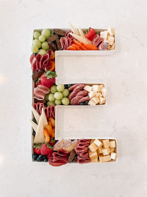 Letter Charcuterie Board, Letter Charcuterie, 1st Birthday Foods, Baby Letters, Charcuterie Inspiration, Baby Shower Brunch, Charcuterie Recipes, 18th Birthday Party, Birthday Food