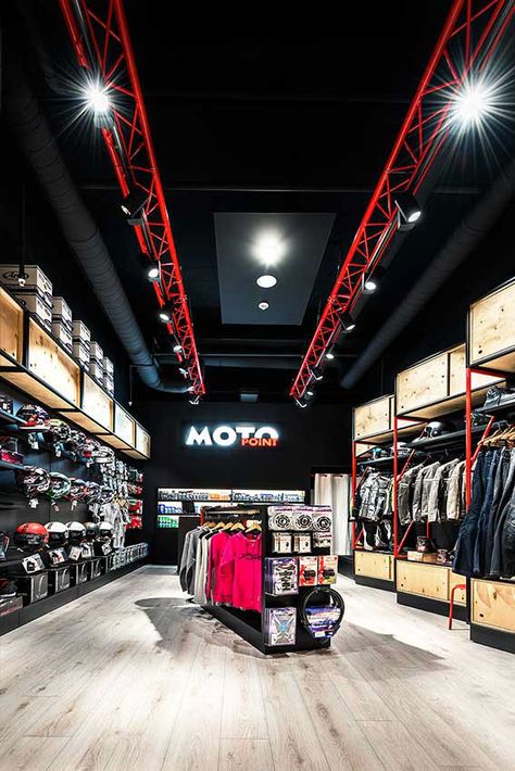 Motorcycle Showroom Interior, Shoe Store Design, Garage Wall Decor, Retail Store Interior Design, Clothing Store Interior, Clothing Store Design, Store Design Boutique, Gym Interior, Retail Store Interior