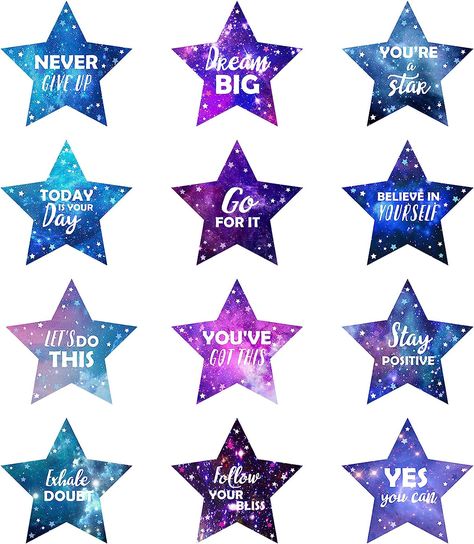 Amazon.com : 48 Pcs Stars Motivational Bulletin Board Classroom Decorations Galaxy Cutouts Positive Inspirational Sayings Outer Space Decorations Double Sided for School Class Teacher Students : Office Products Galaxy Classroom Theme, Star Classroom Theme, Back To School Party Decorations, School Party Decorations, Star Themed Classroom, Star Bulletin Boards, Motivational Bulletin Boards, School Locker Decorations, Space Decorations