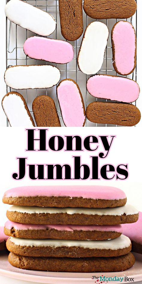 Oval spiced honey cookies iced with pink or white royal icing on a wire cooling rack and in a stack. Christmas Honey Cookies, Honey Jumbles Recipe, Homemade Slice And Bake Cookies, Honey Deserts, Honey Jumbles, Sweet Biscuit Recipe, Cookies With Honey, Honey Cookies Recipe, Honey Biscuits