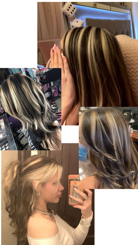 Black Hair Blonde Streak, Highlights Partial, Y2k Highlights, Skunk Highlights, Hair Stripping, Skunk Hair, Summer Blonde Hair, Dip Dye Hair, Cute Hair Colors