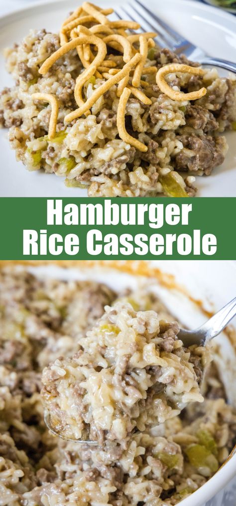 Hamburger rice casserole is an easy retro dinner recipe with fluffy rice, juicy ground beef, and veggies cooked in cream of mushroom soup! #hamburger #rice #casserole Hotdishes With Hamburger, Hamburger With Cream Of Mushroom Soup, Rice And Hamburger Casserole, Cheesy Ground Beef And Rice Casserole, Rice Ground Beef Recipes, Hamburger Rice Hotdish, Rice And Ground Beef Recipes, Easy Hamburger Recipes, Ground Beef And Rice Recipes