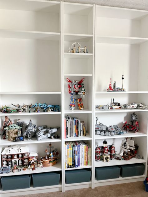 Lego And Book Display, Ikea Billy Lego Storage, Lego Display Bookcase, Lego Ikea Display, Lego Build Storage, Billy Bookcase Lego Display, Lego Bookshelf Display, Adult Lego Display, Display Lego Creations