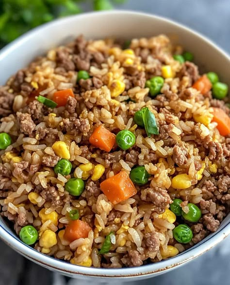 Ground Beef Fried Rice Fried Rice With Ground Beef, Hamburger Fried Rice, Brown Rice Side Dish Recipes, Ground Beef Fried Rice, Brown Rice Side Dish, Stovetop Meals, Rice Recipe Easy, Classic Savory, Beef Fried Rice