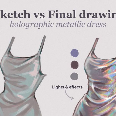 Asayris on Instagram: "Holographic metallic dress ✍🏻✨ Would you like to know how to draw clothes with this cool futuristic effect? On my Patreon you will find the complete step by step tutorial on how to draw this dress. All the steps from the initial sketch to the final glitter effects are explained in this tutorial content 🩶 #sketch #artist #sketchvsfinal" How To Shade Shiny Clothes, How To Draw Iridescent Fabric, Glitter Digital Art, Glitter Tutorial Digital Art, Glitter Dress Drawing, Dress Shading Tutorial, How To Draw Glitter Digital, How To Paint Holographic Effect, How To Draw Holographic Fabric