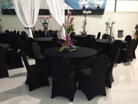 Spandex Tablecloth Decor Ideas, Black Table Linens Wedding, Black Chair Covers, Office Chair Diy, Event Tables, Chair Photography, Tablecloth Wedding, Biker Wedding, Banquet Chair Covers