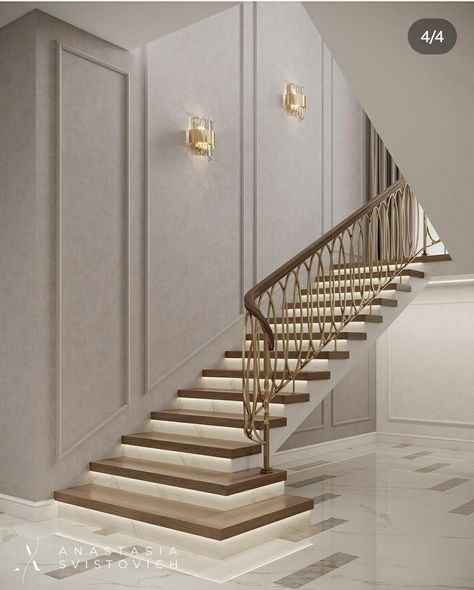 Classic Stairs Design Luxury, Unique Staircase Wall Decor, Stairs Modern Classic, Stairs Classic Design, Staircase Moulding Design, Neoclassical Stairs, Stairs Moulding Design, Staircase Moulding Ideas, Stair Moulding Ideas