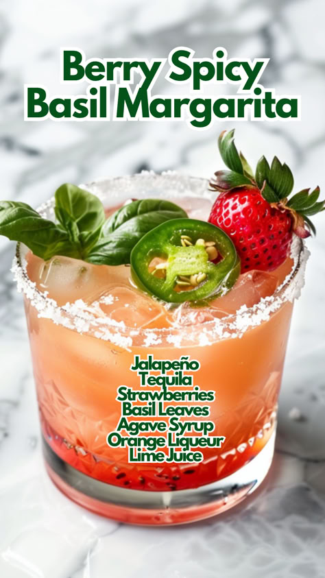 Berry Spicy Basil Margarita Basil Cocktail Recipes, Margarita Spicy, Berry Margarita, Margarita Flavors, Strawberry Cocktail Recipe, Spicy Cocktails, Ski Attire, Basil Margarita, Classic Tequila Cocktails