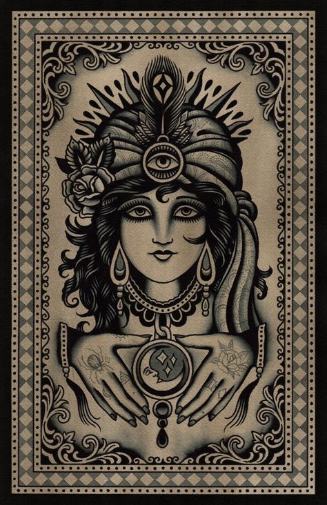 Gypsy Fortune / Paul Dobleman Psychic Tattoo, Land Tattoos, Paul Dobleman, Flash Art Tattoos, Kunst Tattoos, Witch Tattoo, Arte Punk, Traditional Tattoo Art, Head Tattoos