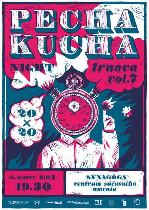 Pecha Kucha Night vol. 7 by Daniela Olejníková, via Behance Gig Posters Design, Pecha Kucha, Master Study, Poster Design Illustration, Graphic Styles, Gig Poster, Artwork Inspiration, Illustrations Art, Gig Posters