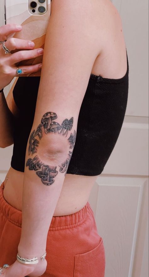 Back Arm Cover Up Tattoo, Mushroom Sleeve Tattoos For Women, Mushrooms Around Knee Tattoo, Words Around Elbow Tattoo, Elbow Mushroom Tattoo, Elbow Tattoo Ideas Women, Mushroom Back Tattoo, Circular Knee Tattoo, Mushroom Ring Tattoo Elbow