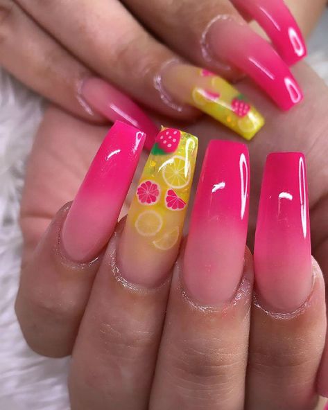 Pink And Yellow Nails, Bright Acrylic Nails, 16 Nails, Colourful Acrylic Nails, Bright Summer Acrylic Nails, Bright Summer Nails Designs, Fruit Nail Designs, Bright Pink Nails, Clutch Tutorial