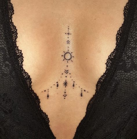 Chandelier Tattoos For Women Chest, Tattoos In The Middle Of Chest Women, Tattoo Breastbone Women, In Between Breast Tattoos For Women, In Between Chest Tattoo Female Simple, Yes Sir Tattoo, Simple Sternum Tattoo, Boho Tattoos For Women, Abdomen Tattoos Women