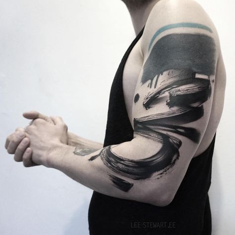 Tattoo artist Lee Stewart blackwork abstract tattoo in auhors brushstroke style | London Paint Splatter Tattoo, Brushstroke Tattoo, Splatter Tattoo, Hairline Tattoos, Brush Tattoo, Mark Tattoo, C Tattoo, Arm Band Tattoo, Stomach Tattoos