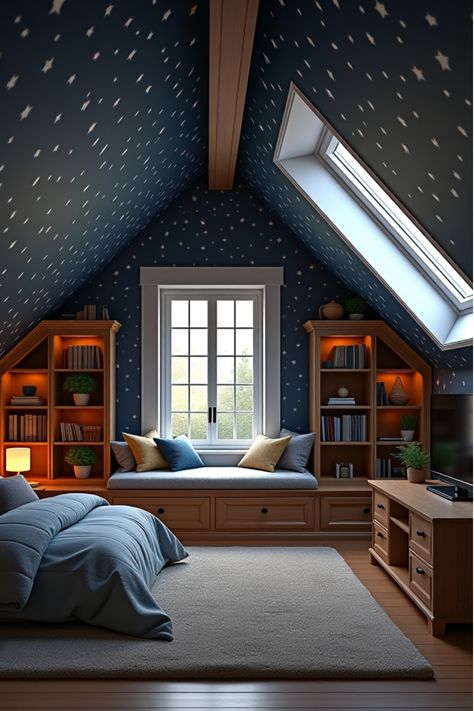 Attic bedroom with starry wallpaper, skylight, and cozy window seat Wallpaper Ceiling Attic, Wallpaper Sloped Ceiling, Bedroom Ideas With Slanted Ceiling, Slanted Ceiling Bedroom Kids, Sloped Ceiling Bedroom Kids, Kids Room Attic, Boys Attic Bedroom Ideas, Small Slanted Ceiling Bedroom, Wallpaper Attic