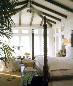 British colonial style bedroom. Open ceiling. White paint, dark wood, textures, contrasting rug/carpet. British Colonial Style Bedroom, Caribbean Bedroom, British Colonial Bedroom, Colonial Style Bedroom, West Indies Decor, Tropical British Colonial, British West Indies Style, Colonial Bedroom, West Indies Style