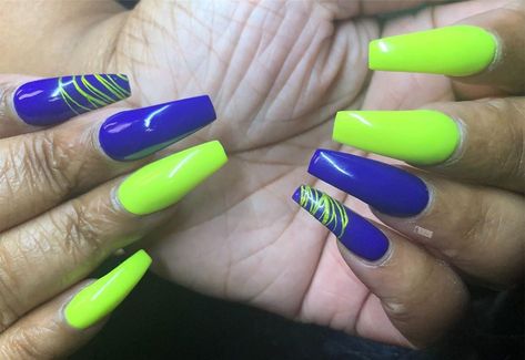 Royal Blue And Lime Green Nails, Neon Green And Blue Nails, Lime Green Nails, Spider Gel, Royal Blue Nails, Neon Green Nails, Navy Blue Nails, French Tip Nail Designs, Nail Candy