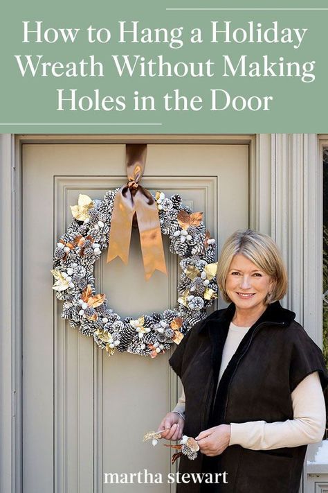 To avoid leaving holes in your front door, consider these expert-recommended do-it-yourself solutions that won't leave holes or marks while still keeping your entryway festive and decorated. #marthastewart #christmas #diychristmas #holidaydiyideas #diycrafts #crafts Xmas Door Wreath Ideas, Christmas Decorating Front Door, Hanging Christmas Wreath On Front Door, Hang A Wreath On Door, How To Make A Front Door Wreath, Hanging A Wreath On A Door, Front Door Wreaths Christmas, Hanging Wreath On Door, Outside Door Christmas Decor