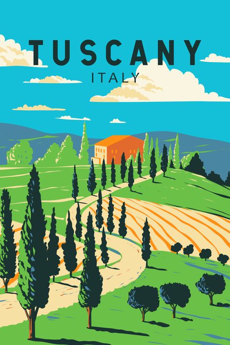 Retro art poster of Tuscany in Italy showcasing serene landscapes and timeless beauty. Tuscany Italy Vineyards, Tuscany Vineyard, Italy Illustration, Vintage Italian Posters, Vintage Postcards Travel, Italy Poster, Poster Decorations, Toscana Italia, Vector Art Design