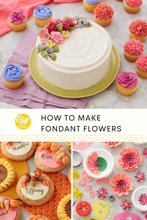 Fondant flowers are a fun and creative way to give life to your cakes and cupcakes. With this step-by-step guide, we’ll show you how to make easy fondant flowers, perfect for creating a garden of eatin’ at your next party or celebration! Easy Fondant Flowers, Easy Fondant Decorations, Easy Fondant Recipe, Crumb Coating A Cake, Easy Fondant, Creating A Garden, Fondant Cakes Birthday, Fondant Flower Tutorial, Fondant Flower Cake