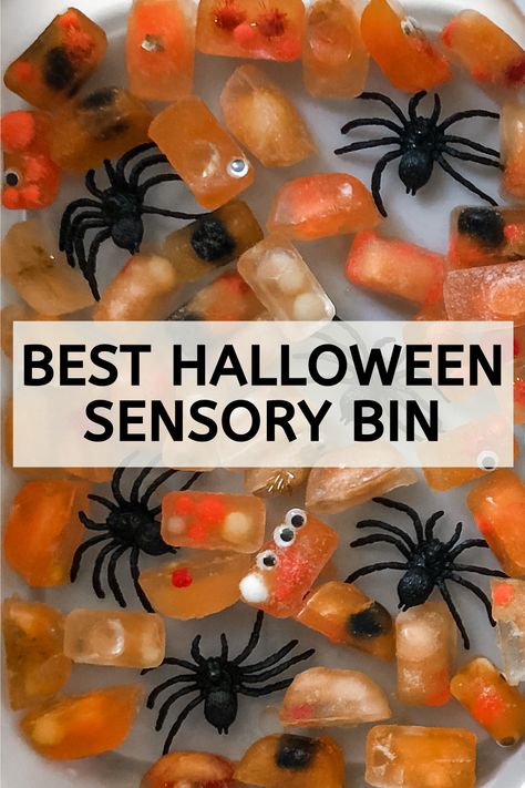 The Best Halloween Sensory Bin for Toddlers: Melt and Thaw. Freeze small objects in dyed water for your child to thaw and release! FREE. EASY. FUN. Sensory Bin Halloween Ideas, Halloween Infant Activities, Halloween Water Sensory Bin, Reggio Emilia Halloween Activities, Halloween Sensory For Toddlers, Halloween Sensory Bin Toddlers, Halloween Sensory Play, Halloween Jello Sensory Bin, Halloween Activities For Babies