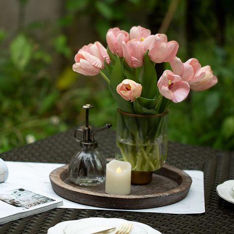 Charger Centerpiece, Coffee Table Organization, Round Wooden Tray, Round Wood Tray, Table Candle Holders, Candle Holder Tray, Table Organizer, Table Centerpieces For Home, Candle Wedding Centerpieces