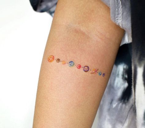 Colorful Solar System Tattoo, All Planets Tattoo, Watercolor Solar System Tattoo, Rainbow Planet Tattoo, Colorful Planet Tattoo, Planets Tattoo Color, Solar System Tattoo Color, Colorful Space Tattoo, Small Planets Tattoo