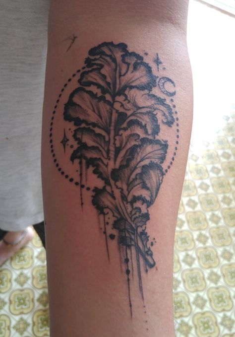 Kale tattoo Vegetable Tattoo, Core Tattoo, Kale Leaf, Pagan Tattoo, Mystical Tattoos, Leaf Tattoo, City Tattoo, Facial Tattoos, Gorgeous Tattoos