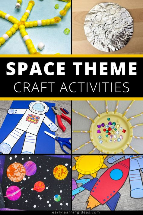 Looking for fun and easy space-themed crafts for your kids in preschool, pre-K and kindergarten? This space arts and crafts collection plus fine motor activities, is the perfect place to start! looking for ideas. Perfect for home, classroom, and even a space themed VBS. These fun crafts are the perfect addition to your space theme. unit and lesson plans. Embark on a journey to the moon, stars, sun, rockets, planets, and more with your little astronauts today! Check out the space crafts today. Space Arts And Crafts, Space Activities Preschool, Astronaut Activities, Astronaut Craft, Space Lesson Plans, Space Theme Classroom, Planet Crafts, Space Activities For Kids, Space Lessons