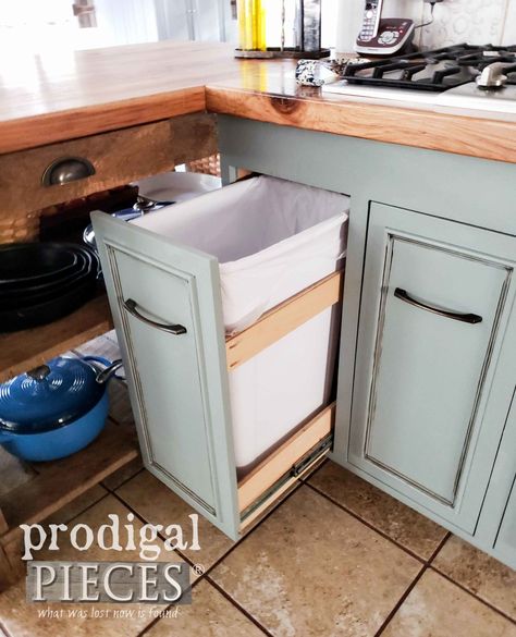 Kitchen Corner Cupboard, Kitchen Cabinet Organization Layout, Wooden Storage Bins, Bin Drawer, Kitchen Island Storage, Freestanding Kitchen Island, Trash Can Cabinet, Farmhouse Storage, Kitchen Layout Plans