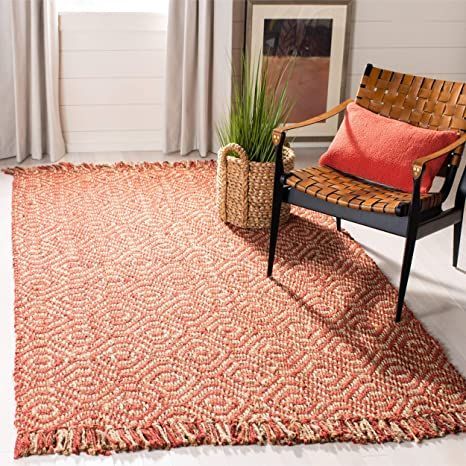 Safavieh Natural Fiber Collection NF445A Handmade Boho Fringe Woven Jute Area Rug, 6' x 9', Rust Tassel Rug, Terracotta Rug, Sisal Area Rugs, Southwestern Rug, Beach House Style, Square Area Rugs, Organic Pattern, Jute Area Rugs, Natural Fiber Rugs