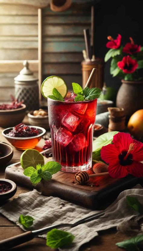 Iced Hibiscus Tea Recipe - World Cuisines Network Iced Hibiscus Tea, Hibiscus Tea Recipe, Hibiscus Iced Tea, Hibiscus Tea Benefits, Easy Lemonade Recipe, Hibiscus Drink, Cosmopolitan Recipe, Homemade Strawberry Lemonade, Dried Hibiscus Flowers