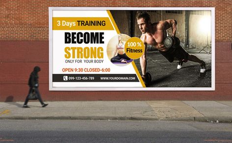 Now showcase your Logo designs in a more professional way using these PSD Free Gym Training Billboard Design PSD Template templates. Show your clients how the logo might look in a real-world environment. We have collected many Free mockup downloads from all around the web. Templates ranging from 3d logos, Embossed, Wood Engraved, Wall and many more.  #Billboard #BillboardPSD #BillboardTemplate #DownloadFree #PSD #PSDDownload #Template #TemplatePSD  #SignageBannerTemplate Gym Billboard Design, Inside Gym, Billboard Template, Free Logo Psd, 3d Logos, Logo Design Mockup, Logo Mockups Psd, Free Logo Mockup, Billboard Design