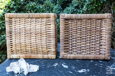 Stain Wicker Furniture, How To Stain Wicker Baskets, How To Stain Wicker Furniture, Staining Wicker Baskets, Natural Wicker Paint Color, White Wash Wicker Diy, How To Paint Wicker Baskets, Bleaching Wicker Basket Diy, Staining Baskets